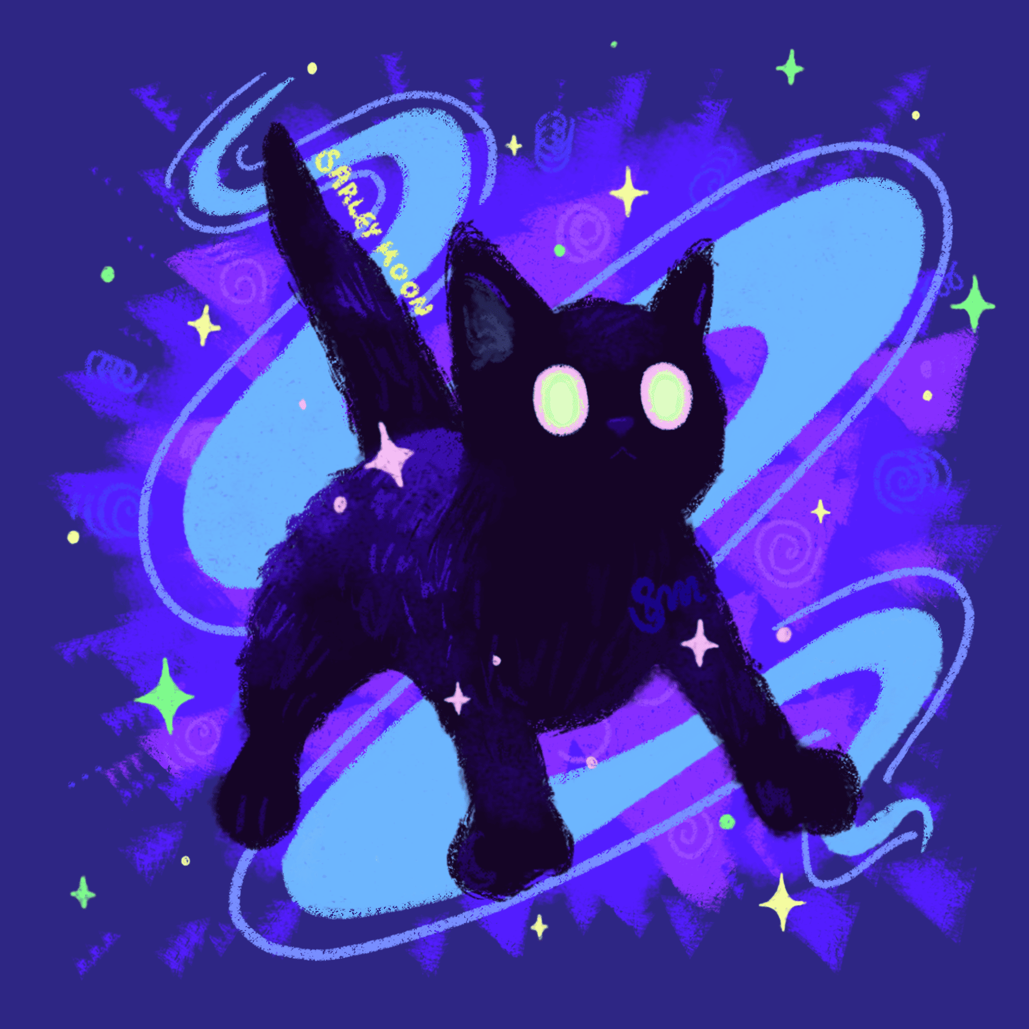 Ilustración de michi con luz mágica y colores pastel